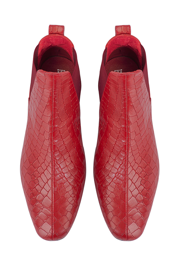 Scarlet red women's ankle boots, with elastics. Square toe. Low flare heels. Top view - Florence KOOIJMAN